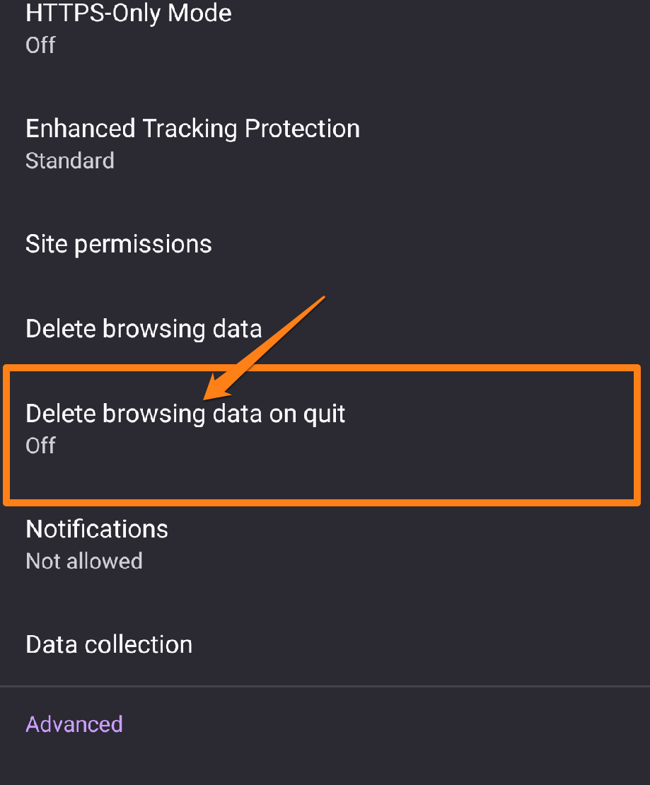 Image from: Delete browsing data on quit How to delete cache in Firefox