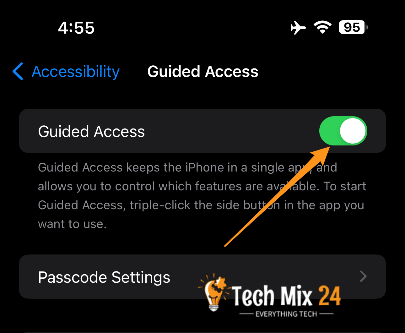 turn on the button in front of Guided Access